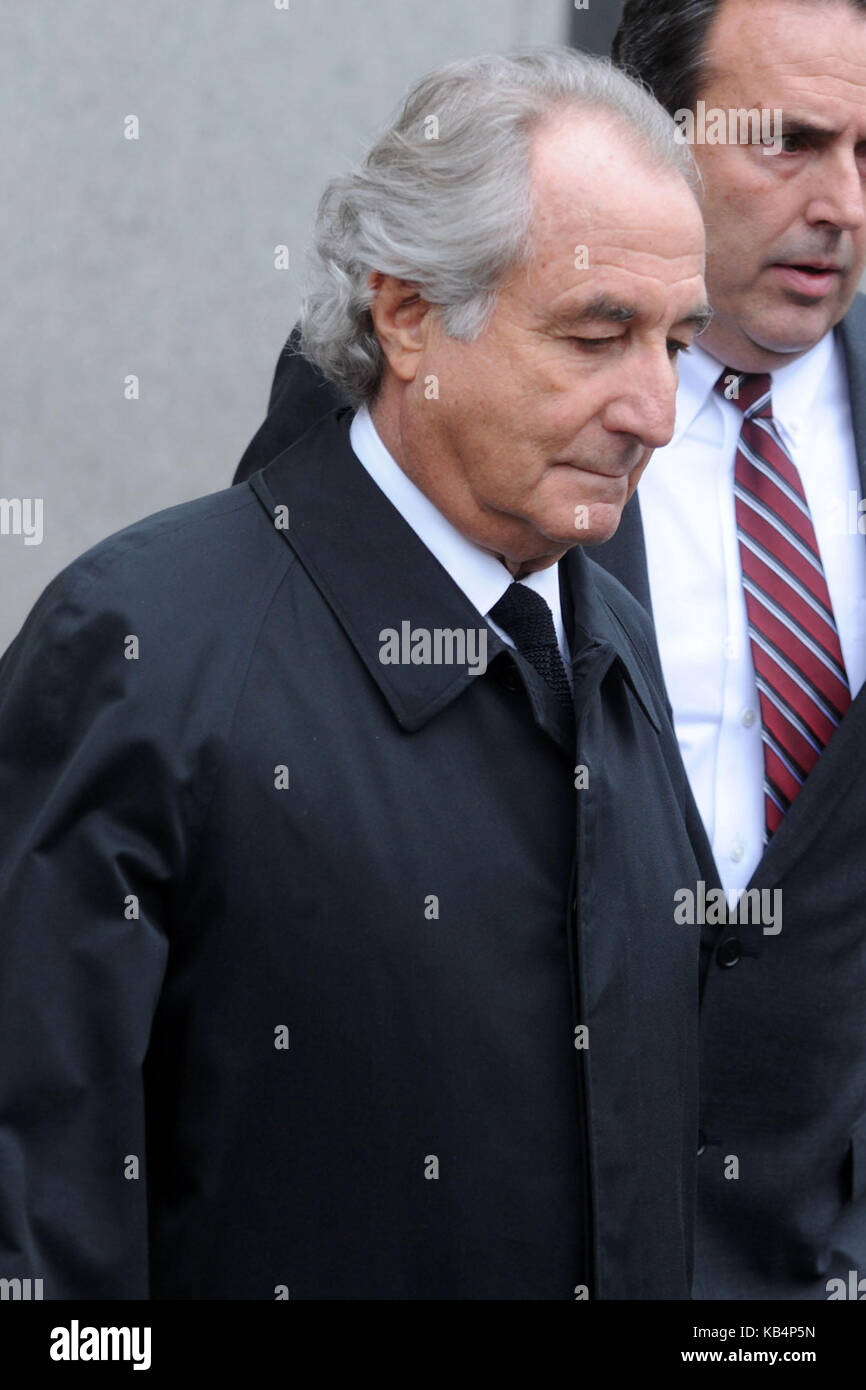 NEW YORK - MARCH 11: Bernard Madoff, the New York financier accused of masterminding the biggest Ponzi scheme ever, plans to plead guilty this week to 11 felony charges that will probably put him behind bars for the rest of his life, his lawyer said Tuesday.  Madoff, 70, will admit to running a fraud dating back to the 1980s. He solicited billions of dollars from pension funds, charities and other investors, at times promising annual returns of as much as 46 percent, according to court documents filed Tuesday afternoon in U.S. District Court in Manhattan.  He set up accounts in London, in part Stock Photo