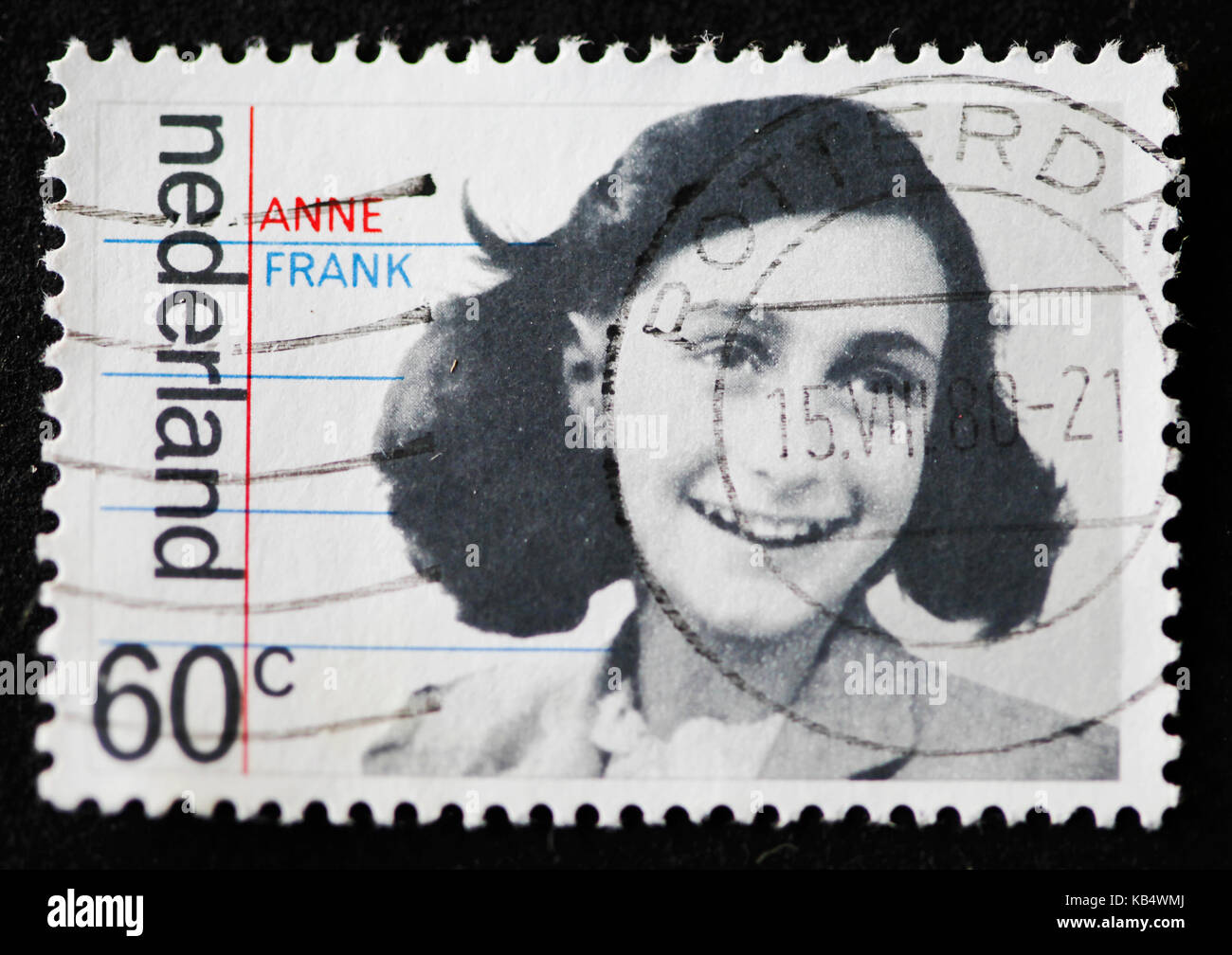 Close-up of a Dutch stamp showing a portrait of Anne Frank. This stamp was issued in 1980. Stock Photo