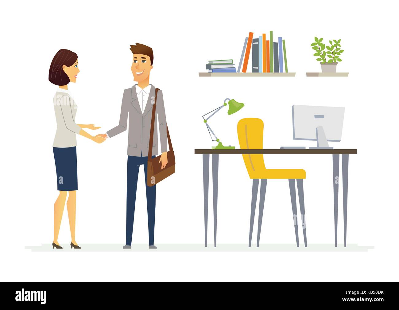 Productive business communication - modern cartoon people characters illustration with two employees smiling and shaking hands. An example of good rel Stock Vector