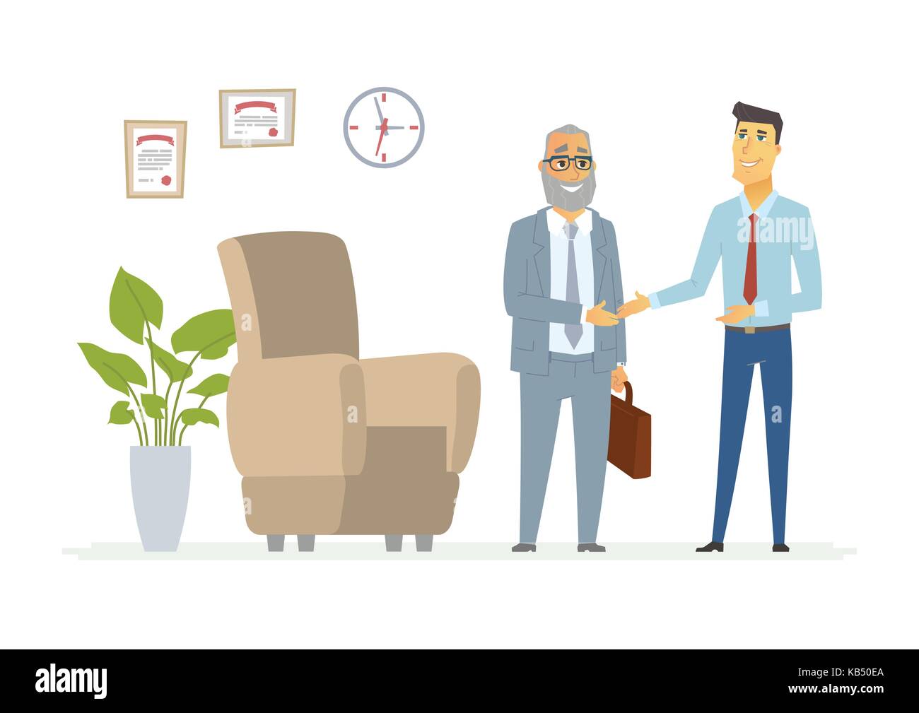 Productive business communication - modern cartoon people characters illustration with a senior boss and a young employee smiling and shaking hands. C Stock Vector