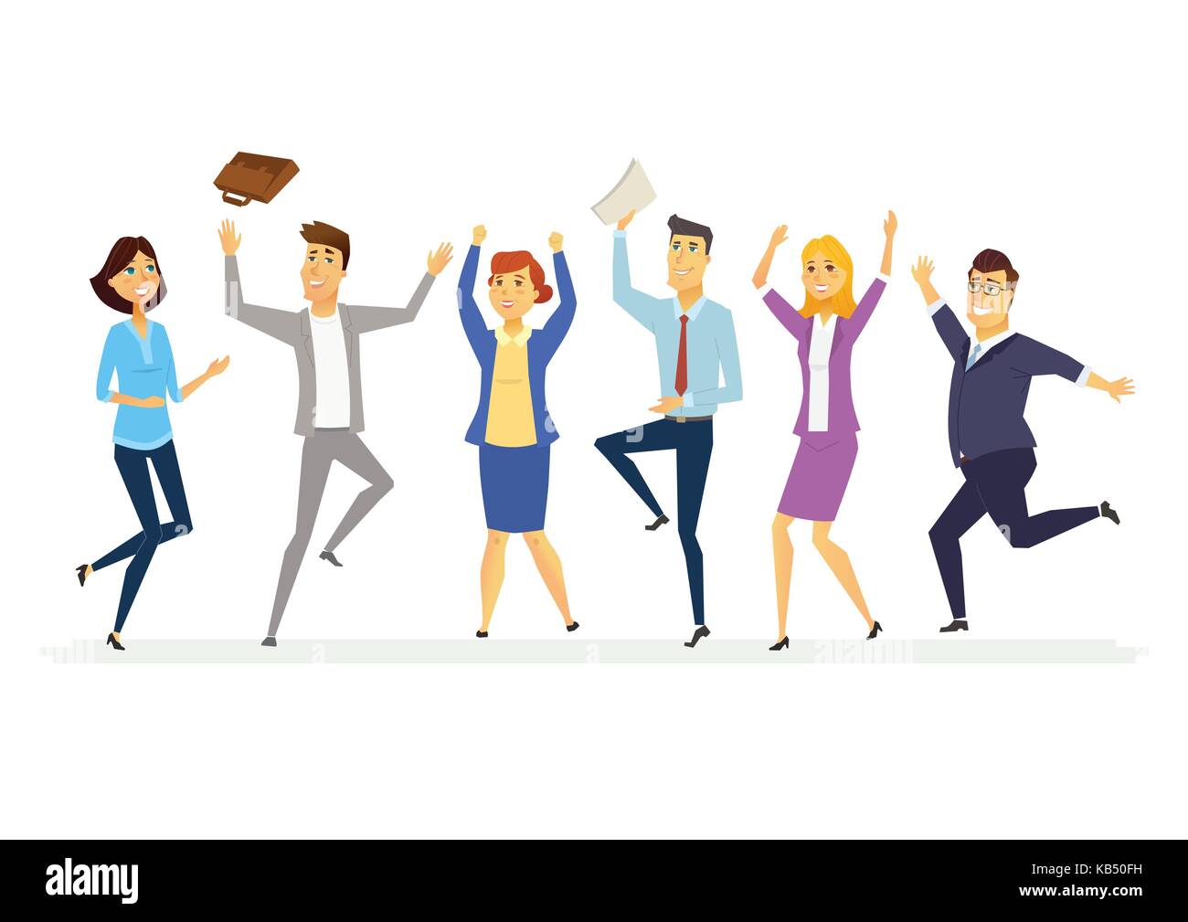 Happy business colleagues - modern cartoon people characters isolated illustration with employees in formal clothes waving hands and jumping with joy Stock Vector