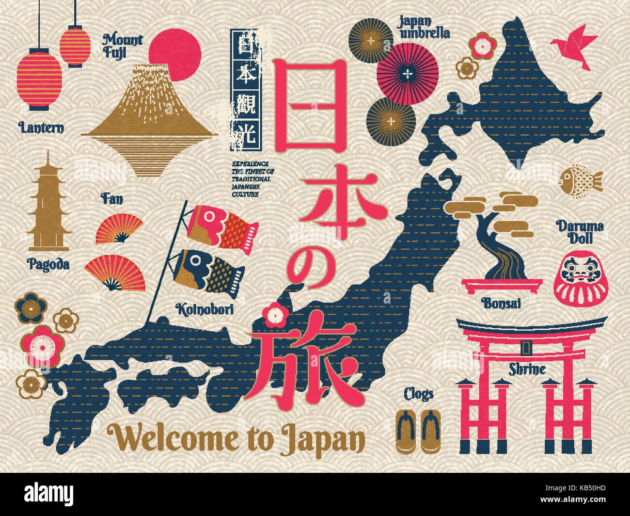 Traditional Japan travel map, famous culture symbols and landmarks in red, blue and gold color, Japan travel and tour in Japanese word in the middle Stock Vector