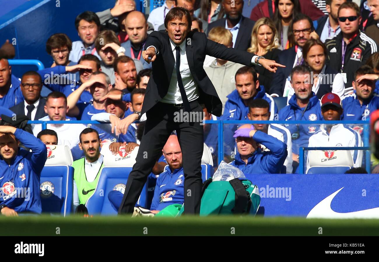 Chelsea manager Antonio Conte during the Premier League match between Chelsea and Arsenal at Stamford Bridge in London. 17 Sep 2017 Stock Photo