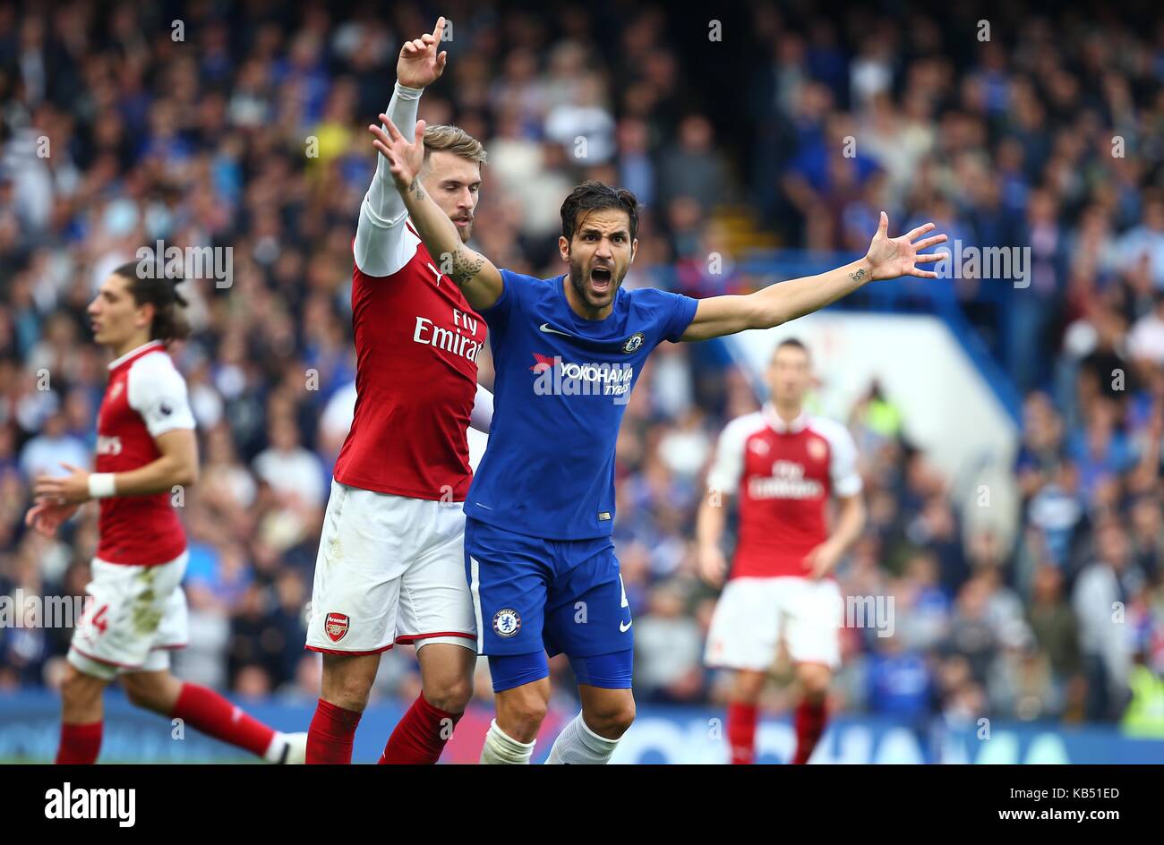 Cesc Fabregas of Chelsea gestures during the Premier League match between Chelsea and Arsenal at Stamford Bridge in London. 17 Sep 2017 Stock Photo