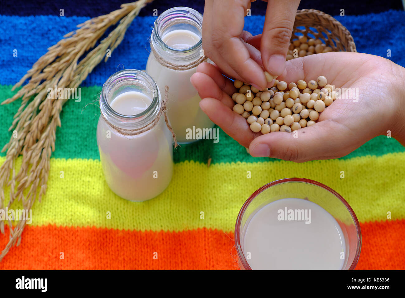 Homemade soy milk for breakfast drink, soya milk and soybean on