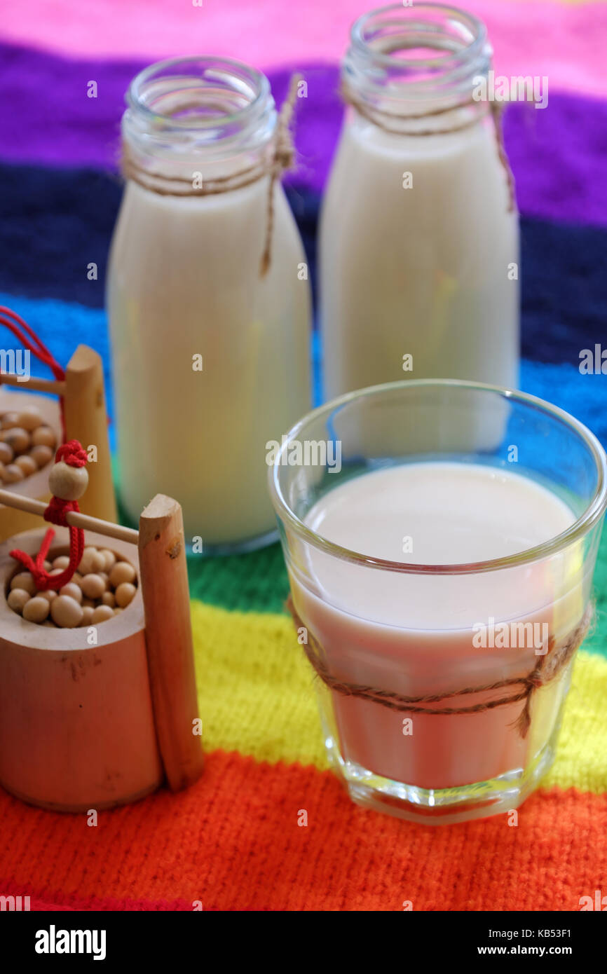Homemade soy milk for breakfast drink, soya milk and soybean on