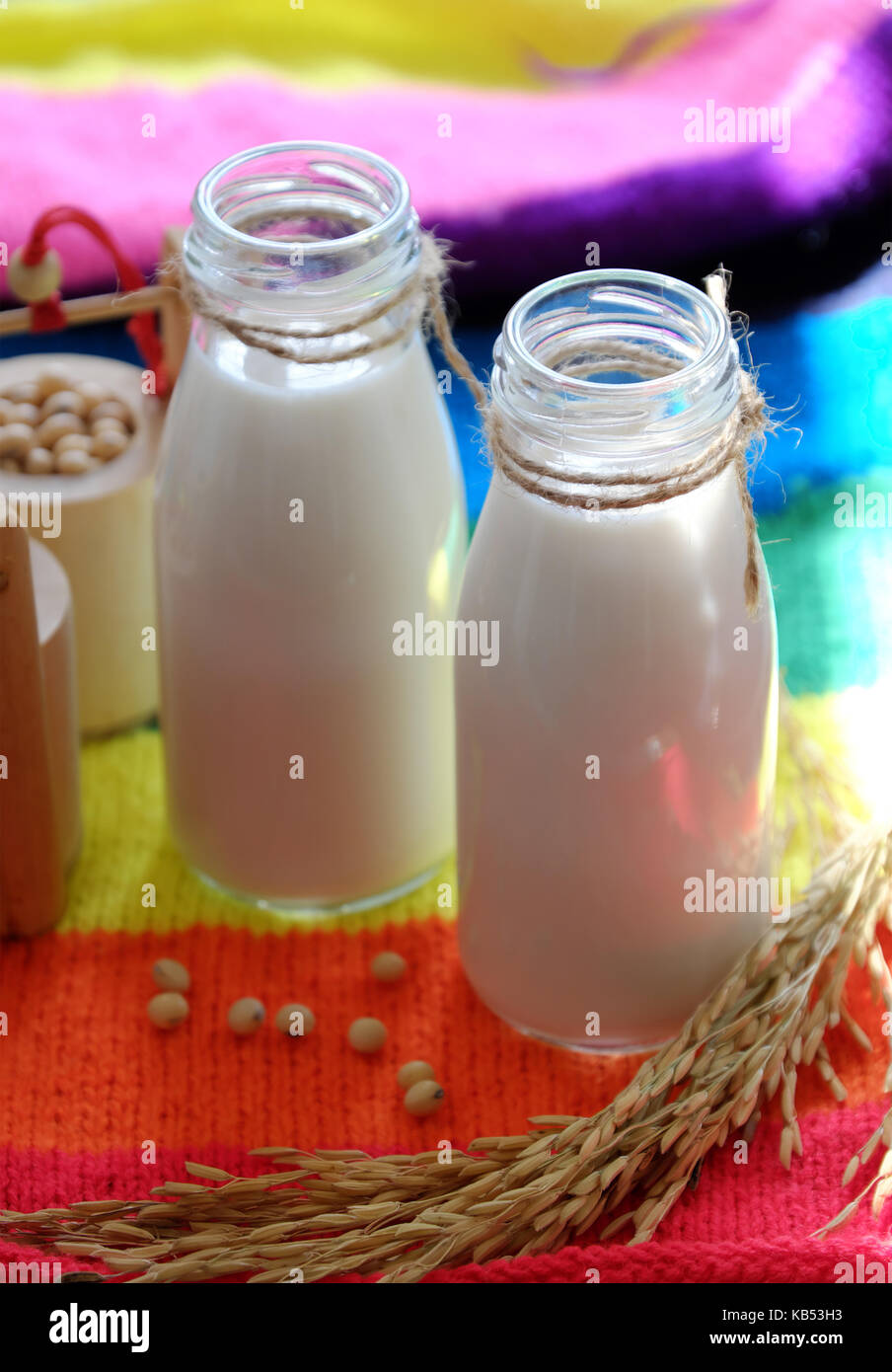 Homemade soy milk for breakfast drink, soya milk and soybean on colorful background, this beverage rich omega, protein, fibre, delicious, nutrition Stock Photo