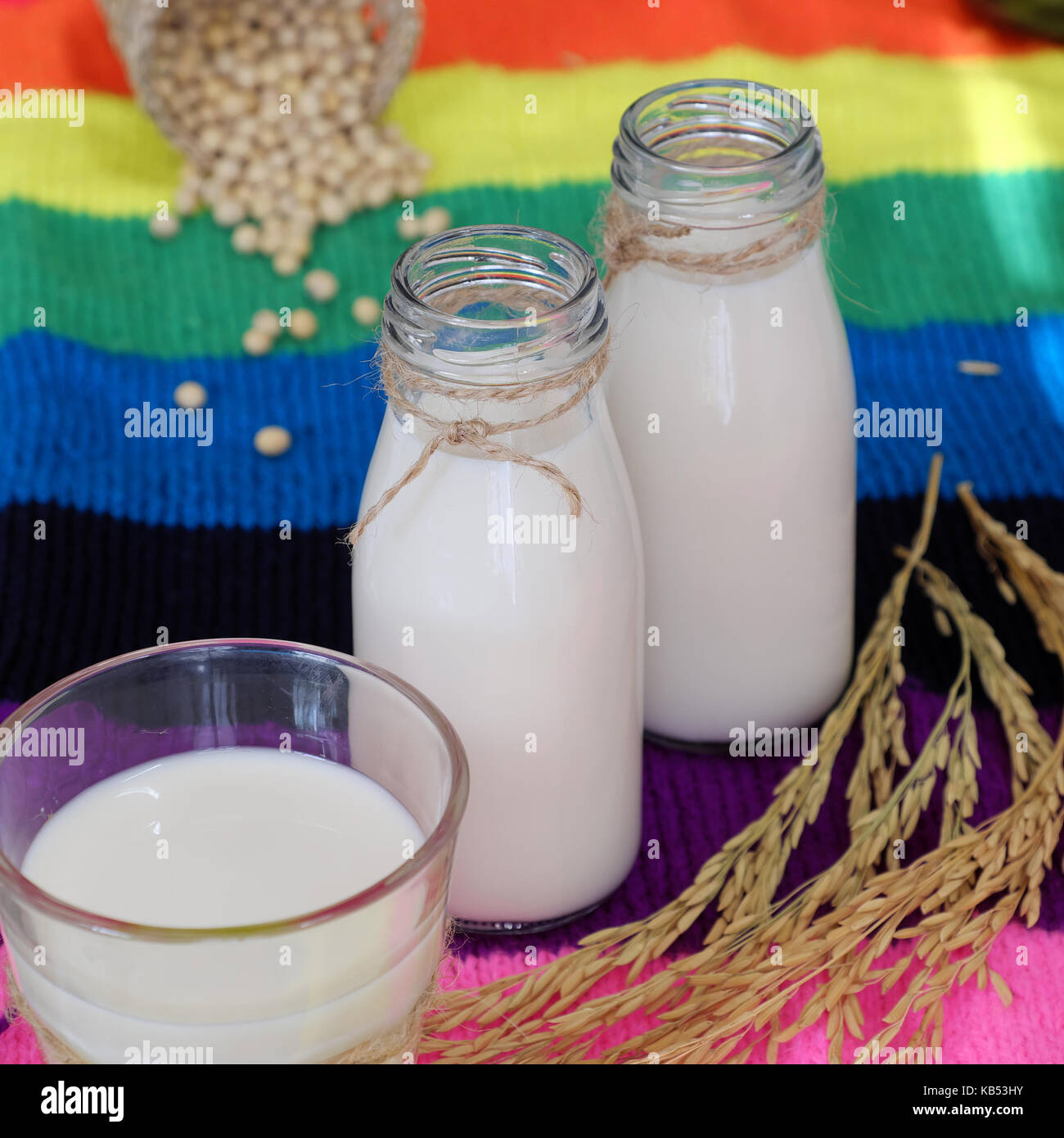 Homemade soy milk for breakfast drink, soya milk and soybean on colorful background, this beverage rich omega, protein, fibre, delicious, nutrition Stock Photo