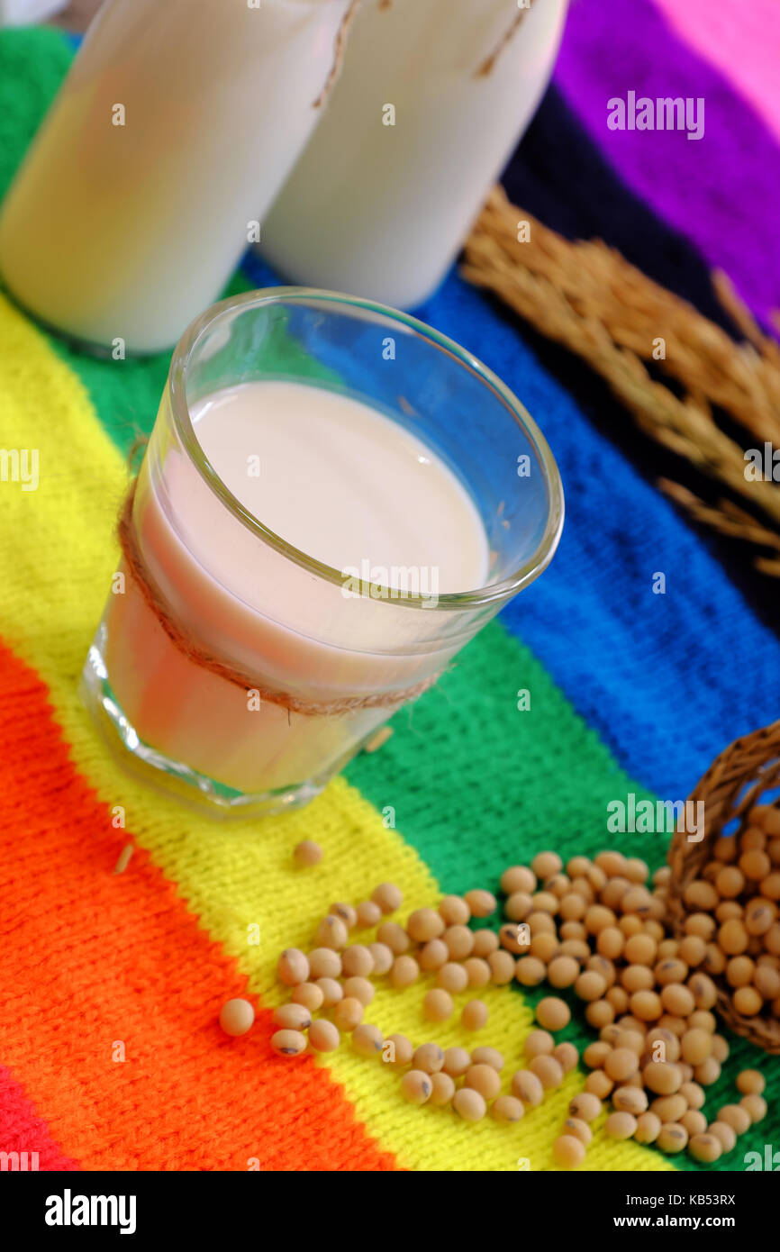 Homemade soy milk for breakfast drink, soya milk and soybean on
