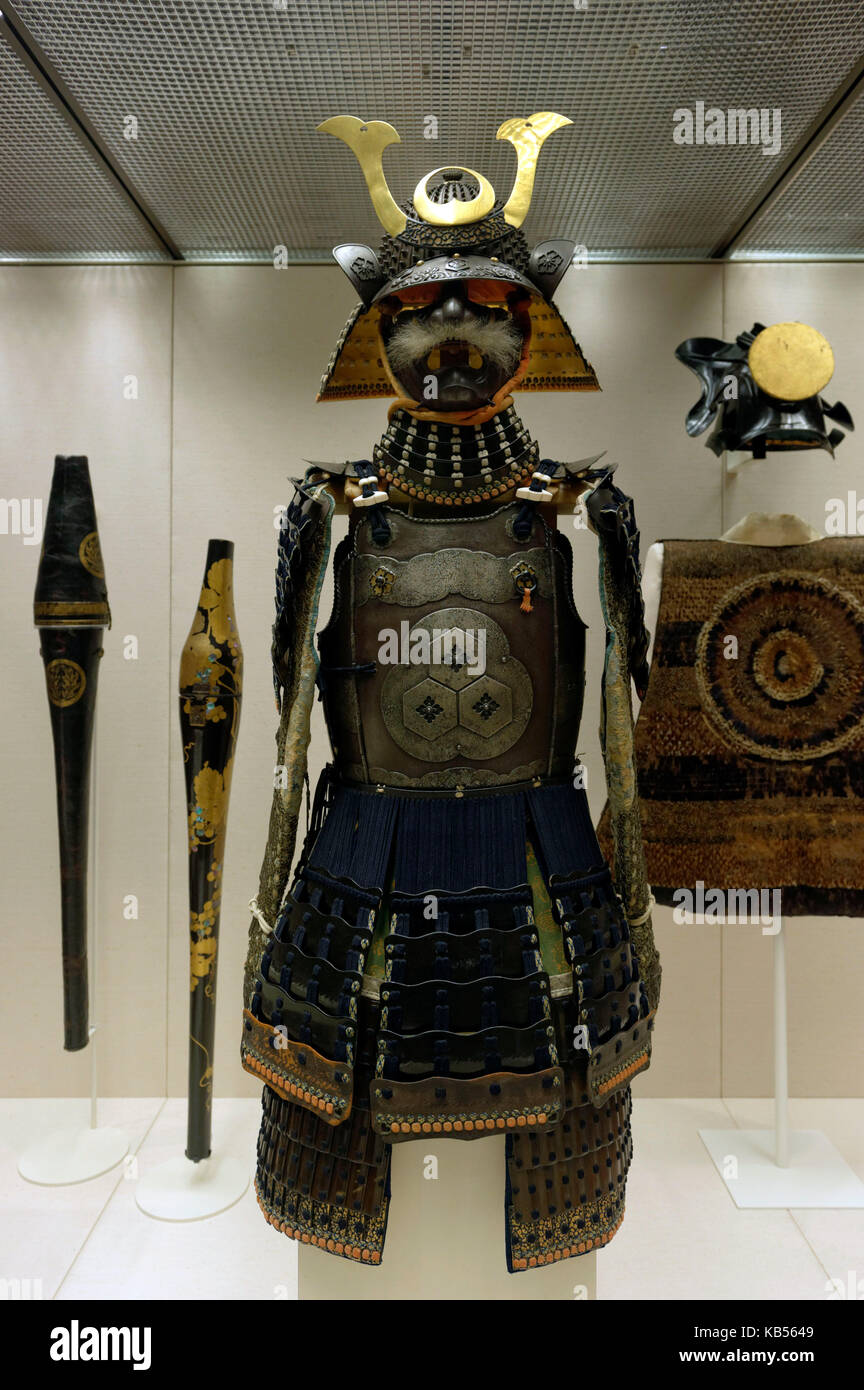 United Kingdom, London, Bloomsbury, British Museum, Samurai armour and helmet, made between 1500 and 1800 Stock Photo