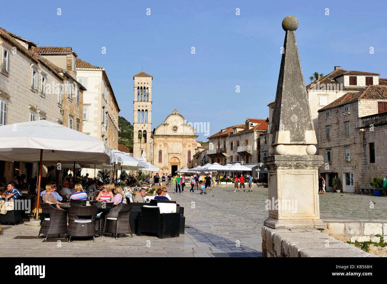 Croatia, Dalmatia, Dalmatian coast, Hvar island, Hvar city, Saint Stefano square with the cathedral (Katedrala Sv. Stjepan) Stock Photo