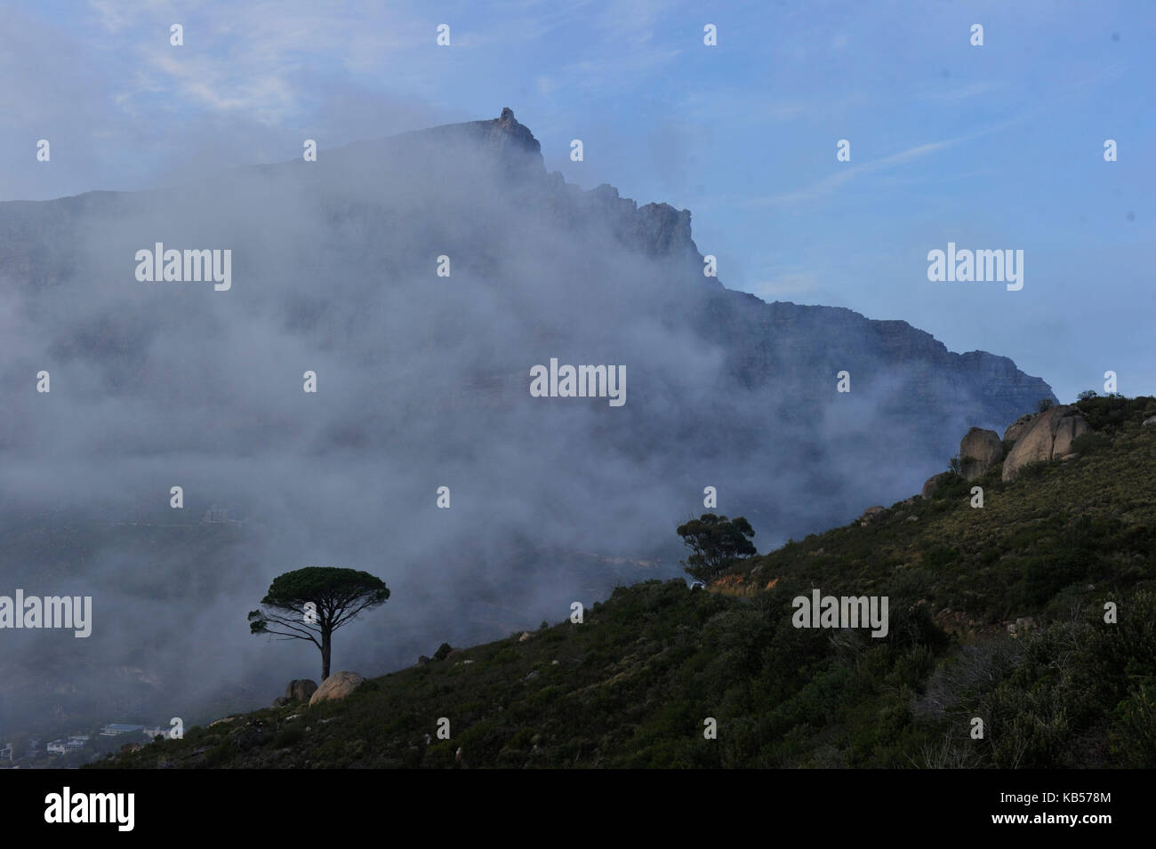 South Africa, Western Cape, fog over Cape Town, view from Signal Hill road Stock Photo