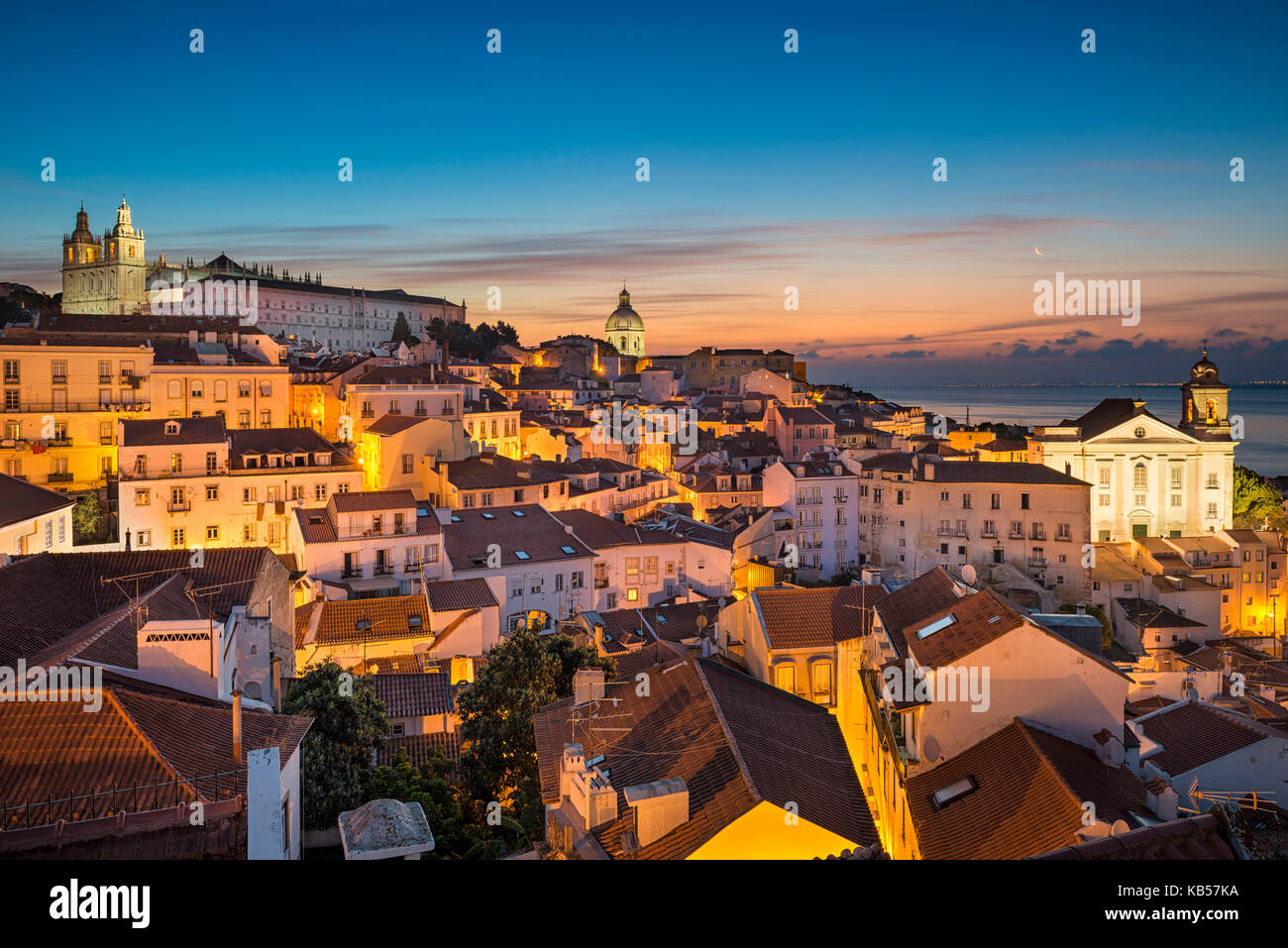 Alfama old town district in Lisbon at night, Portugal Stock Photo
