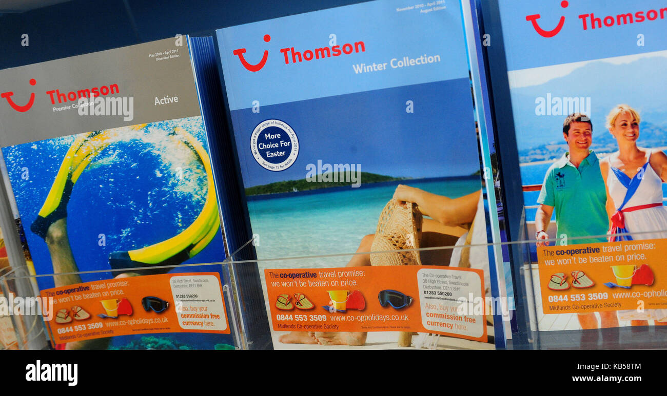 Undated photo of Thomson holiday brochures, as Thomson owner Tui said it is on track for a double-digit surge in annual profits despite a hit from the recent devastating hurricanes across the Caribbean and Florida. Stock Photo