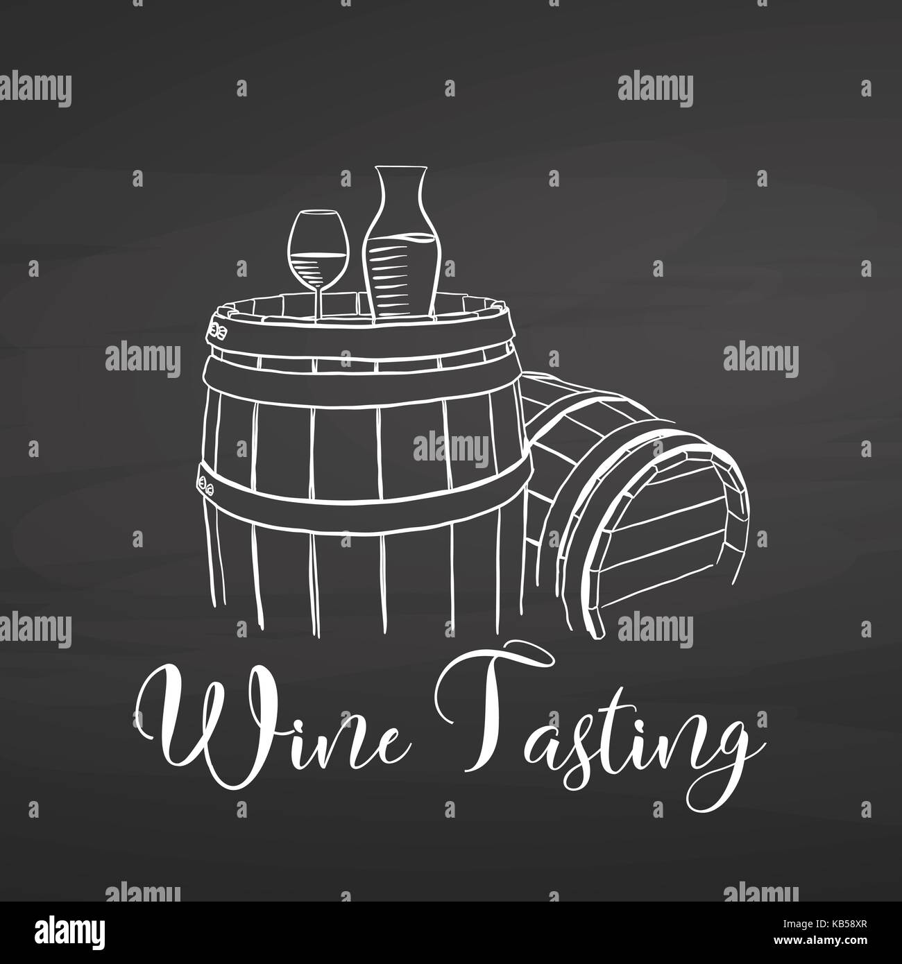 Wine Tasting symbol and lettering on chalkboard. Hand drawn healthy food sketch. Black and White Vector Drawing on Blackboard. Stock Vector
