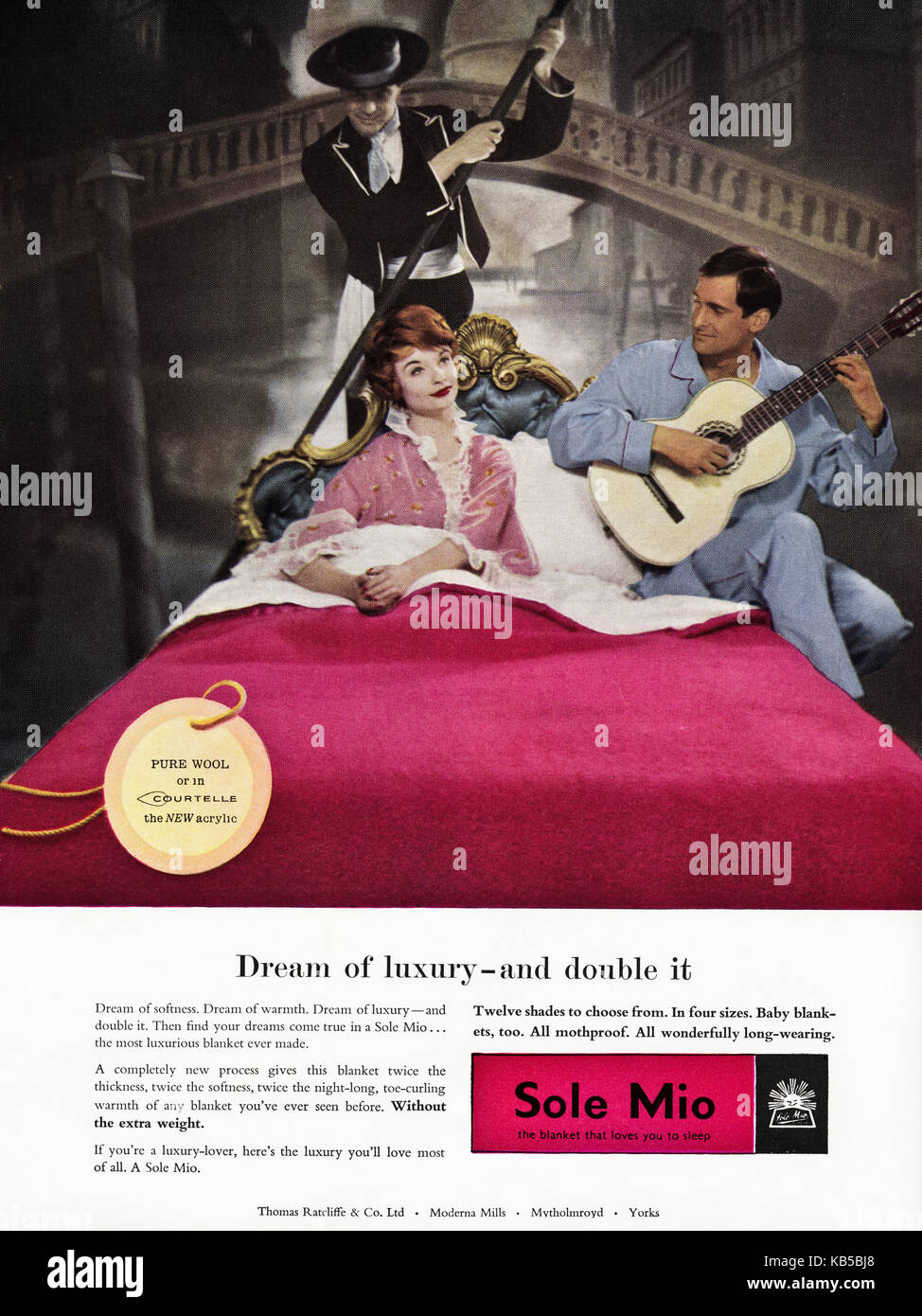 1950s old vintage original british magazine advertisement advertising Sole Mio blankets in wool or Courtelle acrylic dated 1958 Stock Photo