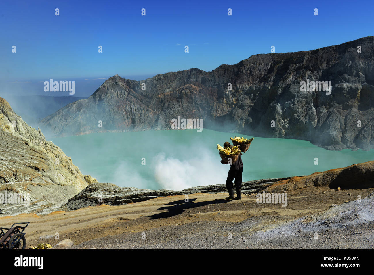 Sulfur miners carrying sulfur from the Ijen volcano crater. Stock Photo