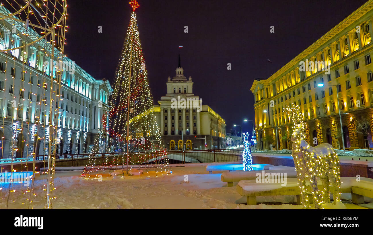 Beautiful night view in downtown Sofia Ministerial Council, the National Assembly and the presidency. Bulgaria Stock Photo