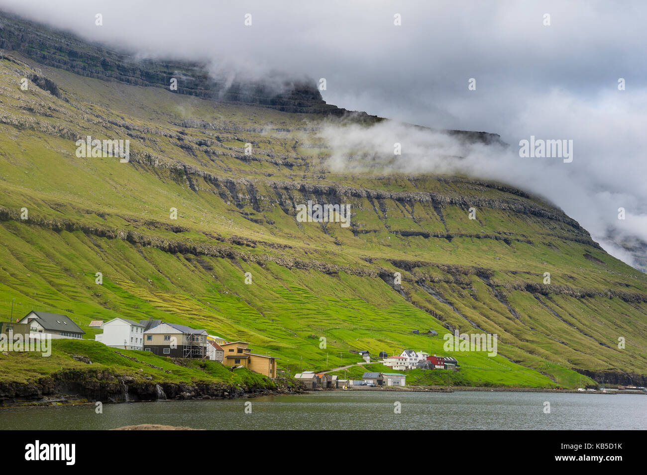 Little village below the cliffs of Kunoy, Faroe Islands, Denmark, Europe Stock Photo