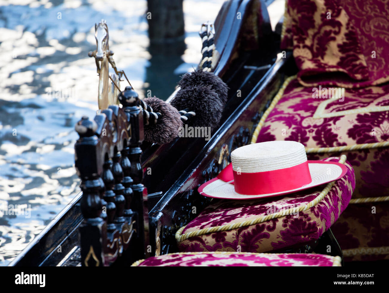 Detail of traditional Gondola showing Gondolier's straw hat