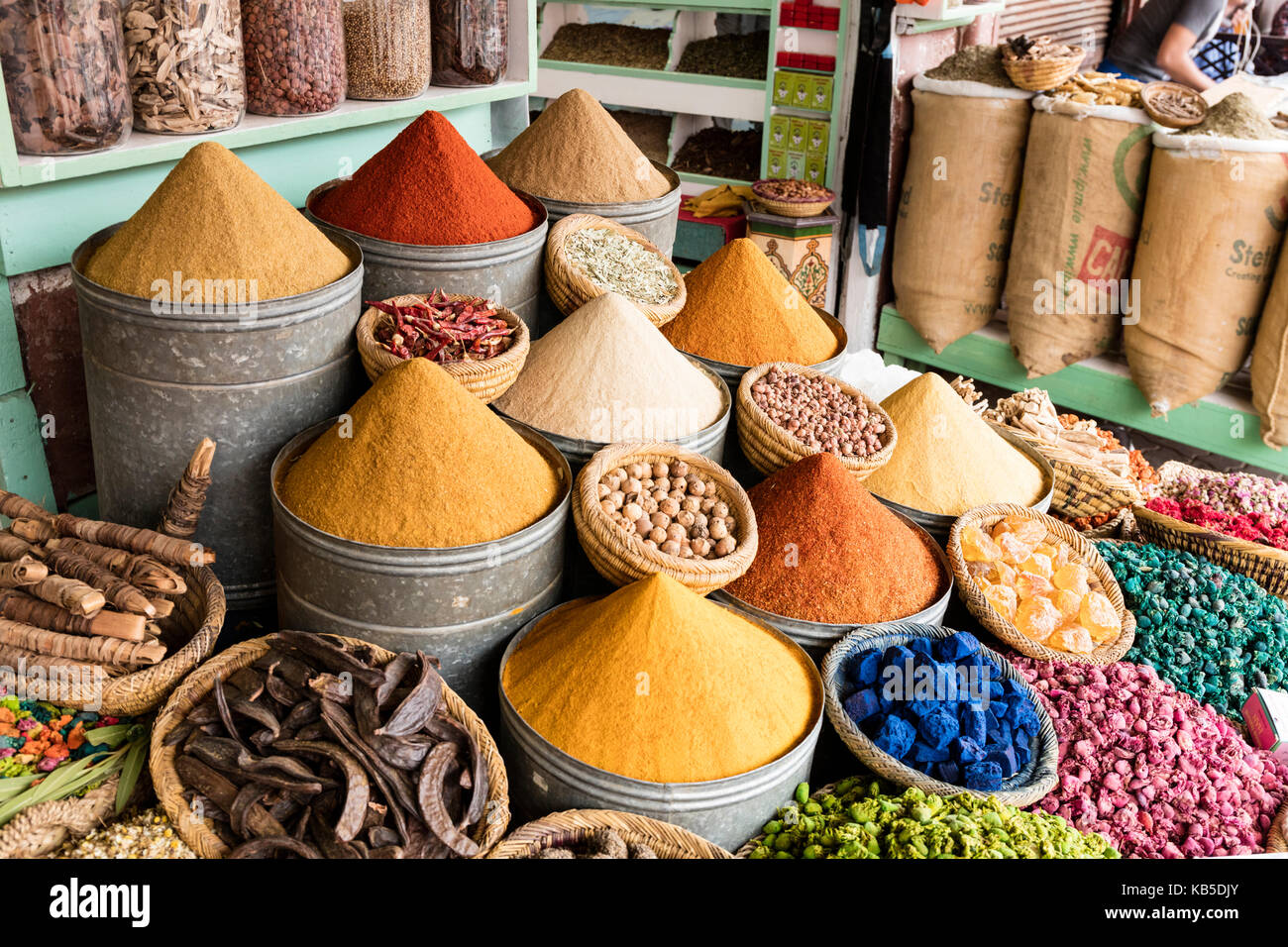 Display of spices and pot pourri in spice market (Rahba Kedima Square) in the souks of Marrakech, Morocco, North Africa, Africa Stock Photo