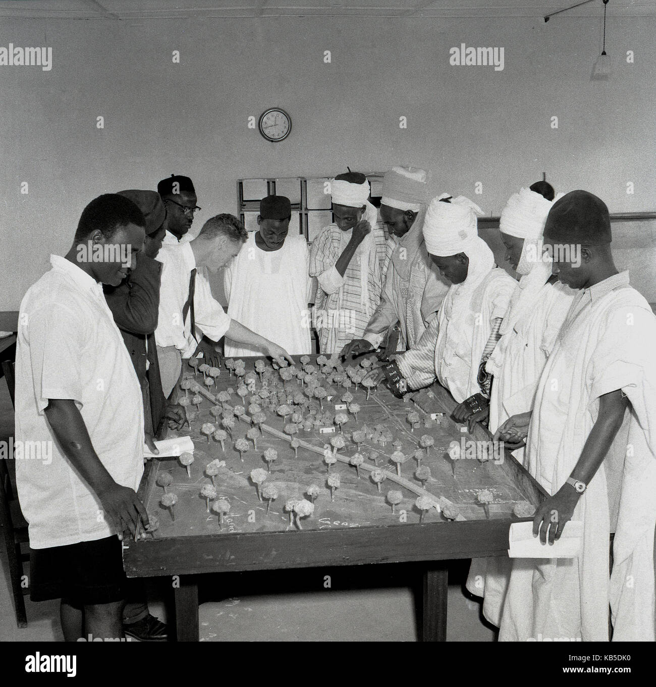 1950s, historical, local people looking at a scale model of a new use of land for farming both food and tree crops, Nigeria, Africa. Stock Photo