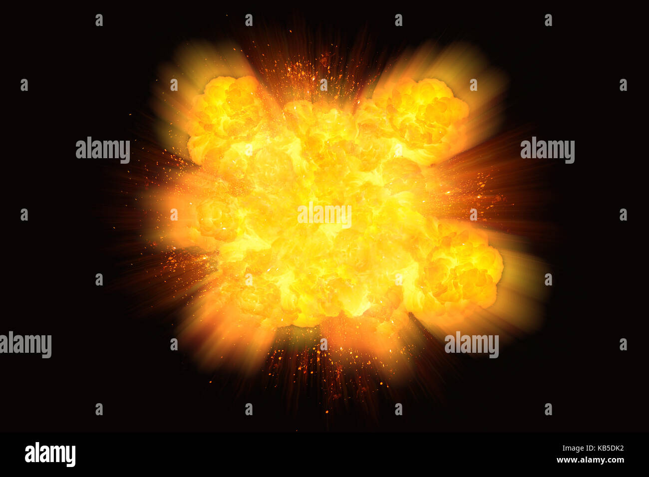 Extremely massive fire explosion, orange color with sparks isolated on black background Stock Photo