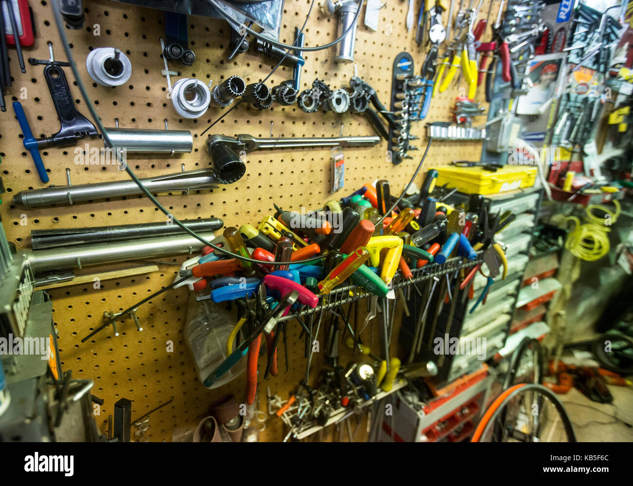 Tools in a bicycle repair shop Stock Photo Alamy
