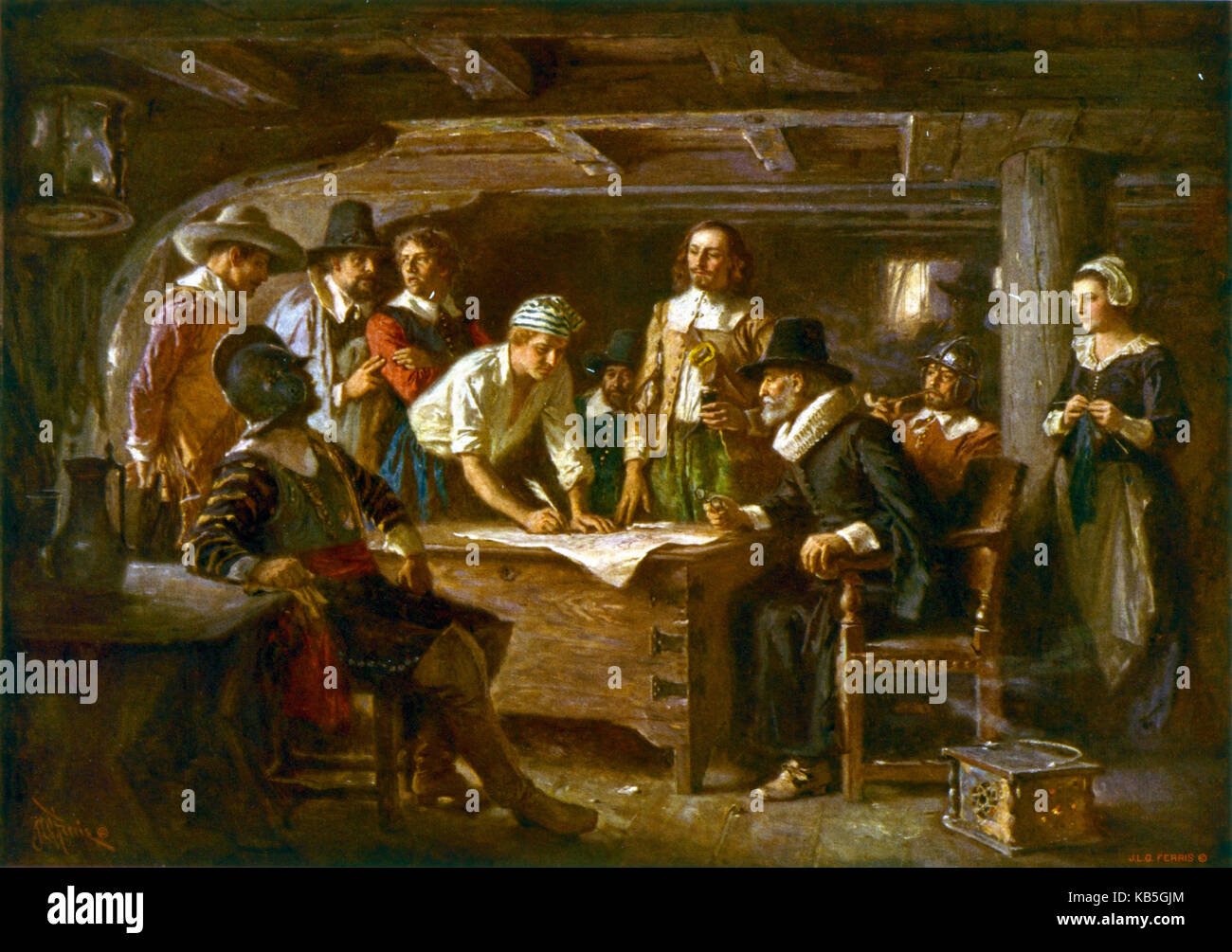 MAYFLOWER COMPACT 1620. Painting by Jean Leon Ferris in 1899 Stock Photo