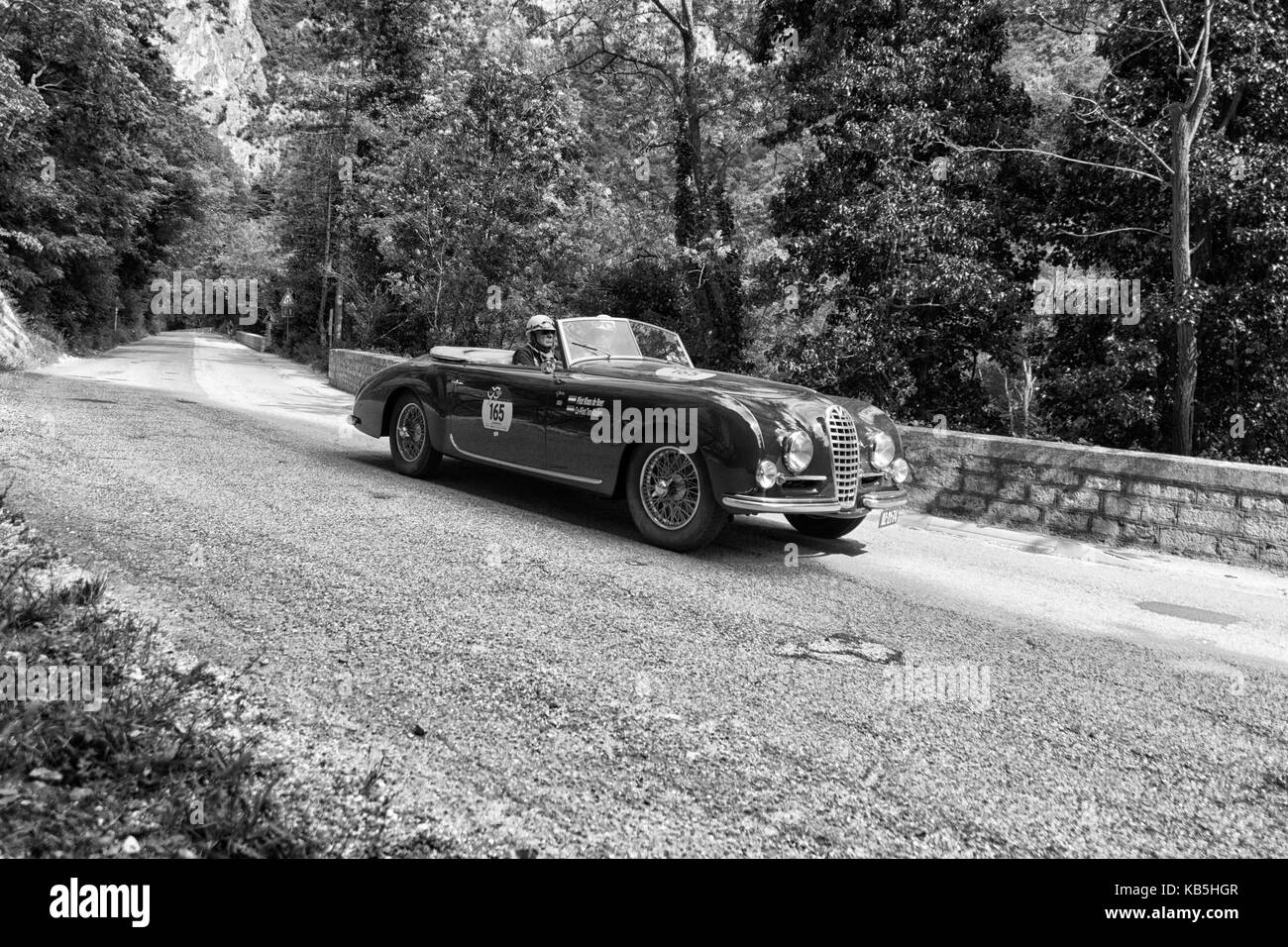 GOLA DEL FURLO, ITALY - MAY 19: TALBOT LAGO T26 RECORD 1947 on an old racing car in rally Mille Miglia 2017 the famous italian historical race (1927-1 Stock Photo