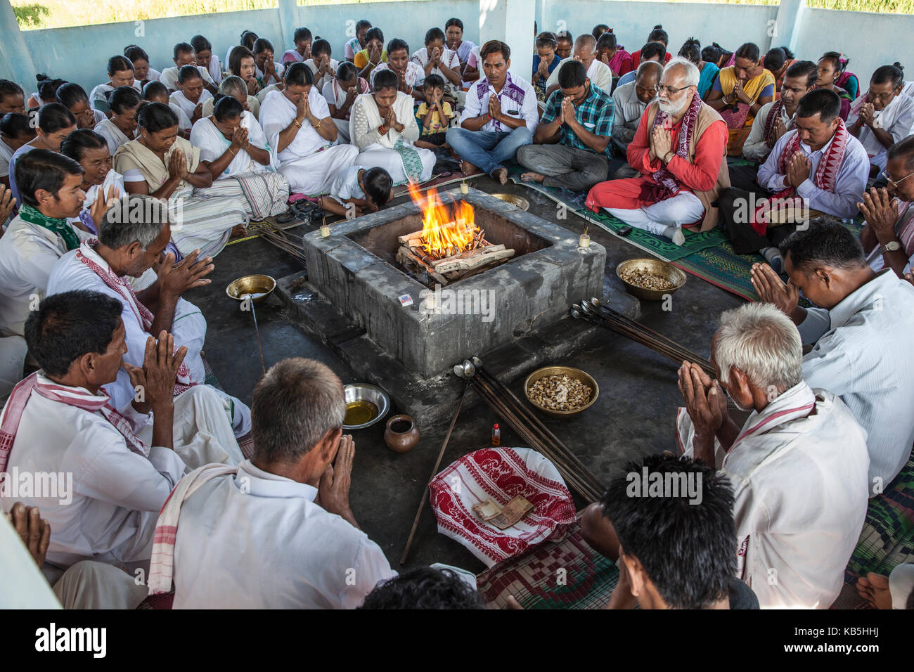 Hawan (offering to fire god) at Karbi Anglong District Brahma Dharma Jyoti Mondir, Langhin Manikpur, India, Asia Stock Photo