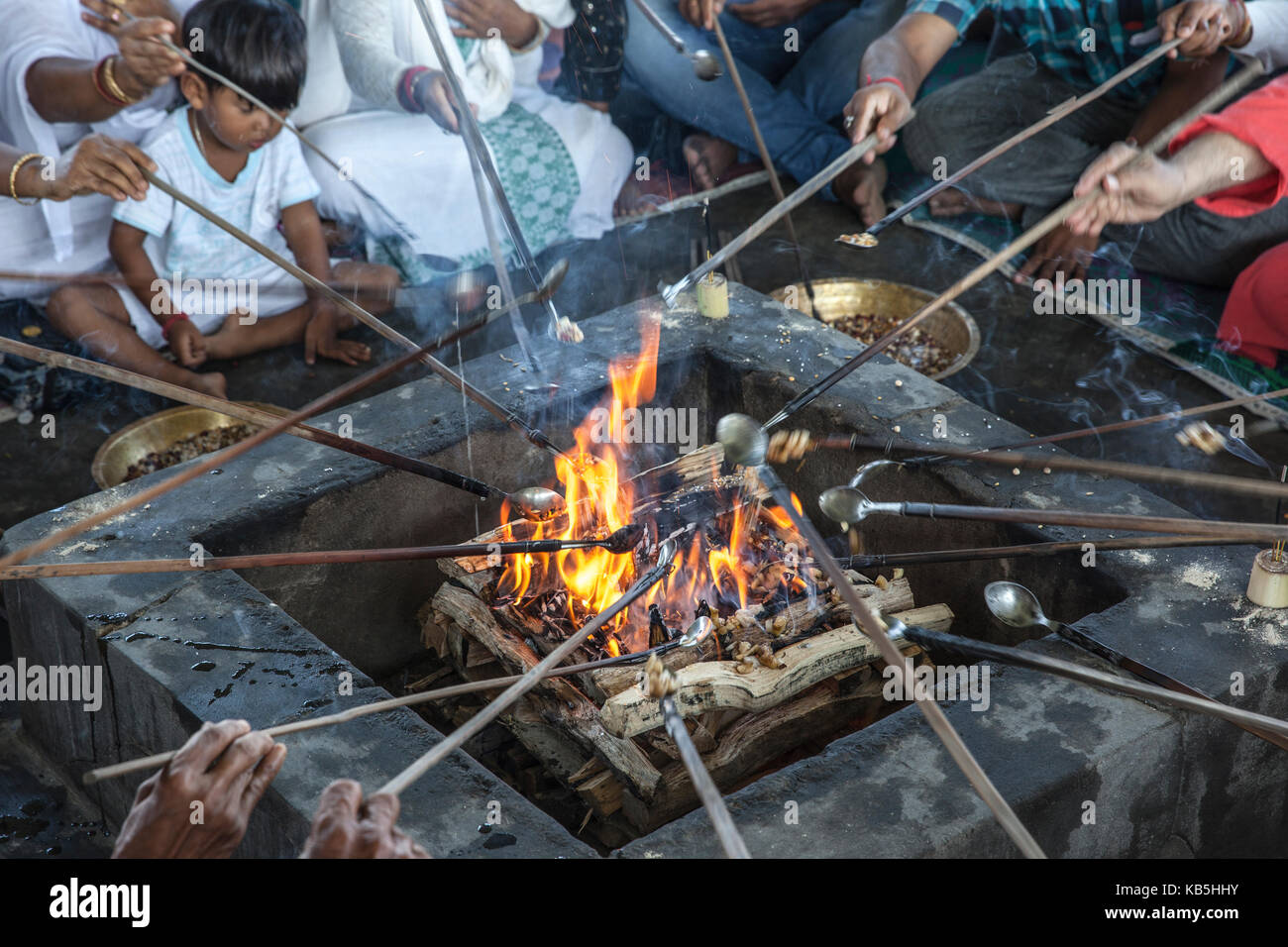 Hawan (offering to fire god) at Karbi Anglong District Brahma Dharma Jyoti Mondir, Langhin Manikpur, Assam, India, Asia Stock Photo