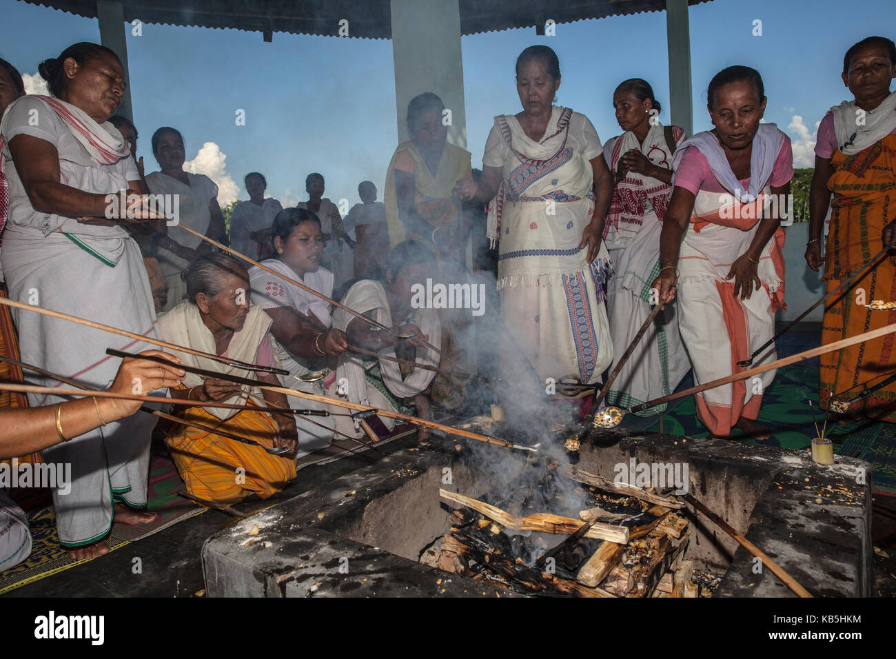 Hawan (offering to fire god) at Karbi Anglong District Brahma Dharma Jyoti Mondir, Langhin Manikpur, Assam, India, Asia Stock Photo