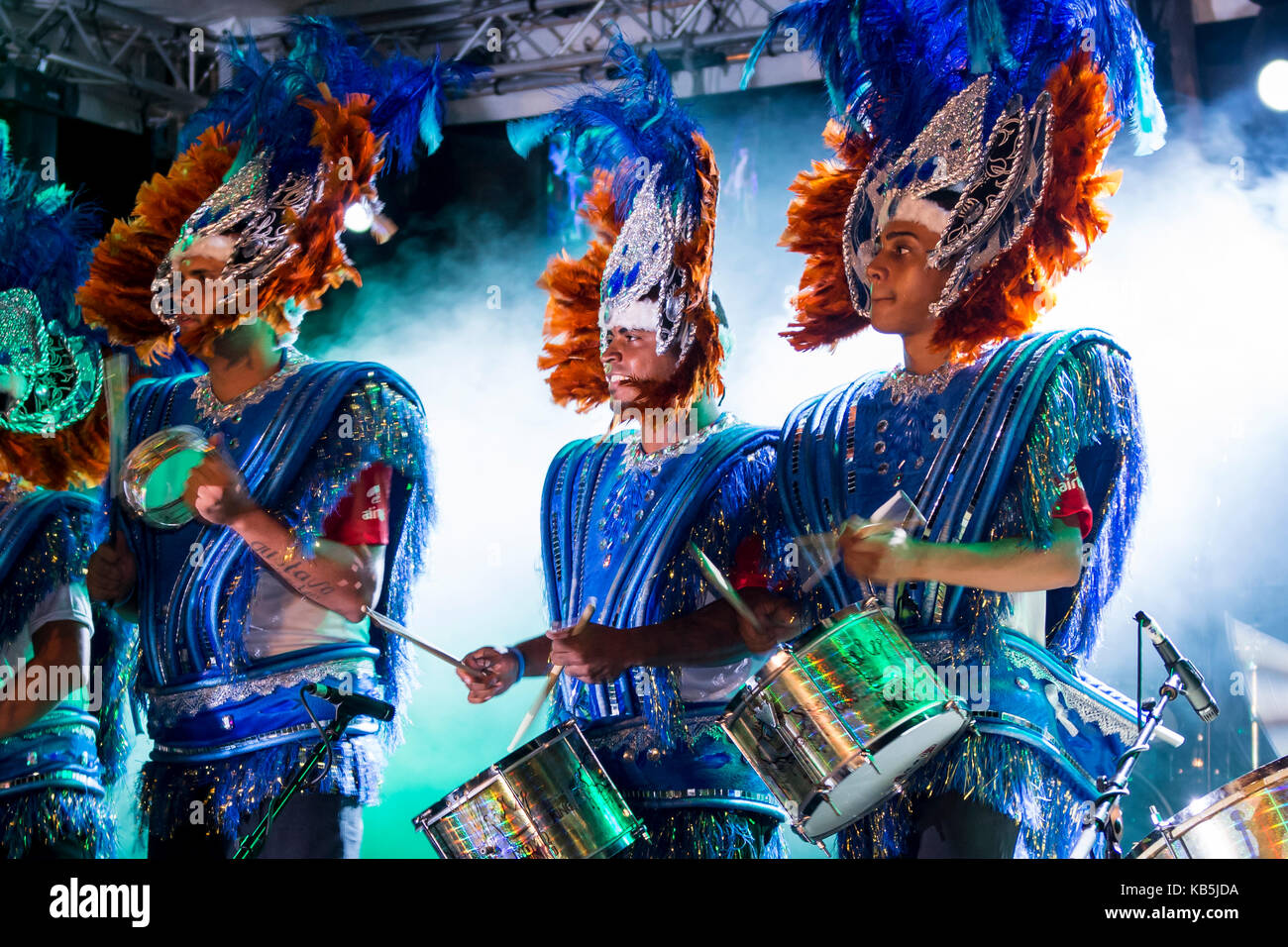Brazilian samba band in the International Carnival Seychelles, in Victoria, Mahe, Republic of Seychelles, Indian Ocean, Africa Stock Photo
