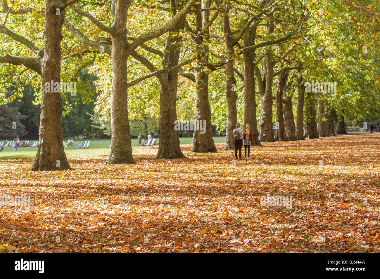 London, UK. 28th Sep, 2017. UK weather. People walk amongst a carpet of leaves in Saint James Park on a sunny day autumn day in London Credit: amer ghazzal/Alamy Live News Stock Photo