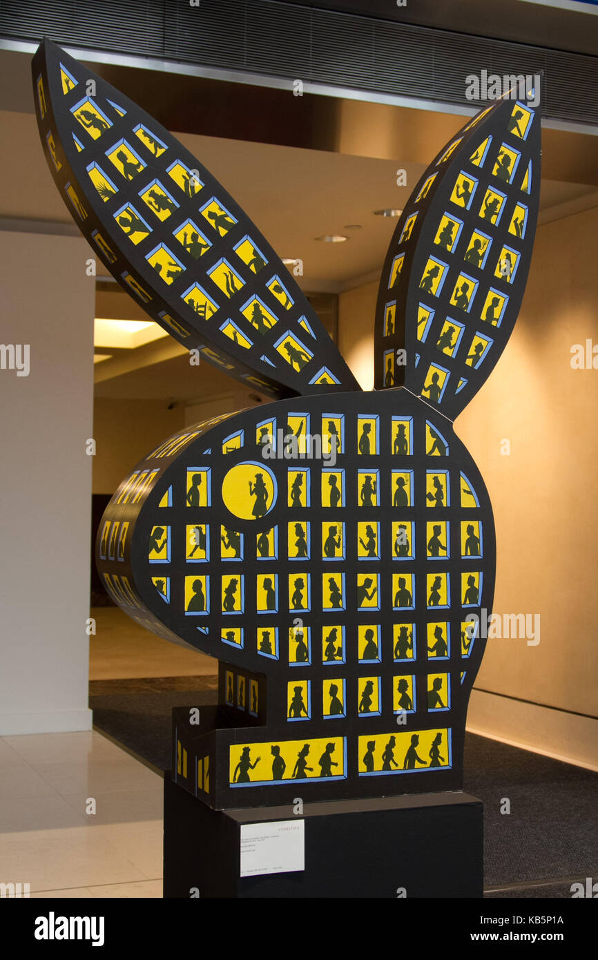 FILE PICS: Hugh Hefner 1926-2017. Rabbit Head Logo by Roger Brown sculpture on display at Christie's preview for 'The Year of the Rabbit: The Playboy Collection' on December 3, 2010 in New York. credit: Erik Pendzich Credit: Erik Pendzich/Alamy Live News Stock Photo