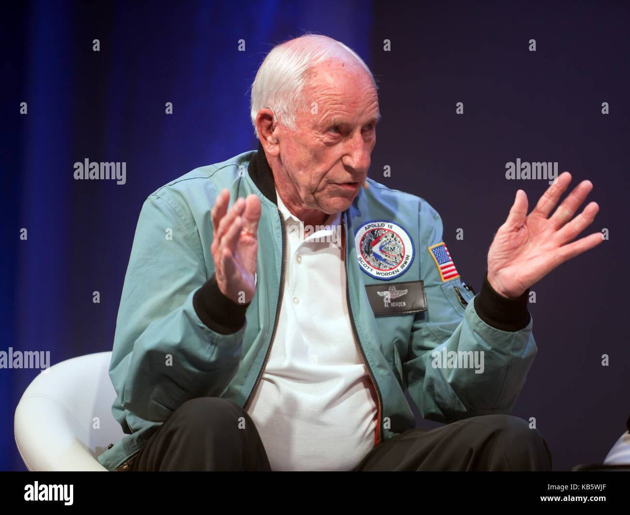 Al Worden,  American astronaut and engineer, who was the Command Module Pilot for the Apollo 15 lunar mission in 1971, sharing his experiences  on the  main stage at New Scientist Live 2017 Stock Photo