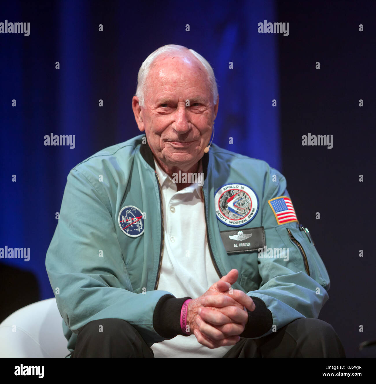 Al Worden, American astronaut and engineer, who was the Command Module Pilot for the Apollo 15 lunar mission in 1971. sharing his experiences  on the  main stage at New Scientist Live 2017 Stock Photo