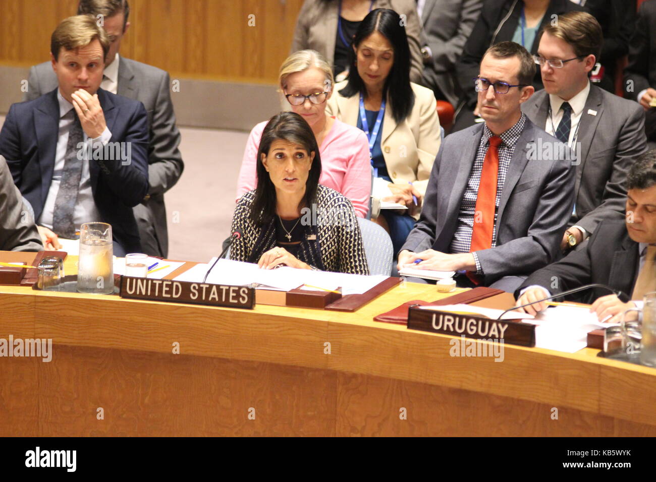 UN, New York, USA. 28th Sep, 2017. US Ambassador Nikki Haley spoke about Myanmar crisis of Rohingya refugees in Bangladesh in UN Security Council. Credit: Matthew Russell Lee/Alamy Live News Stock Photo