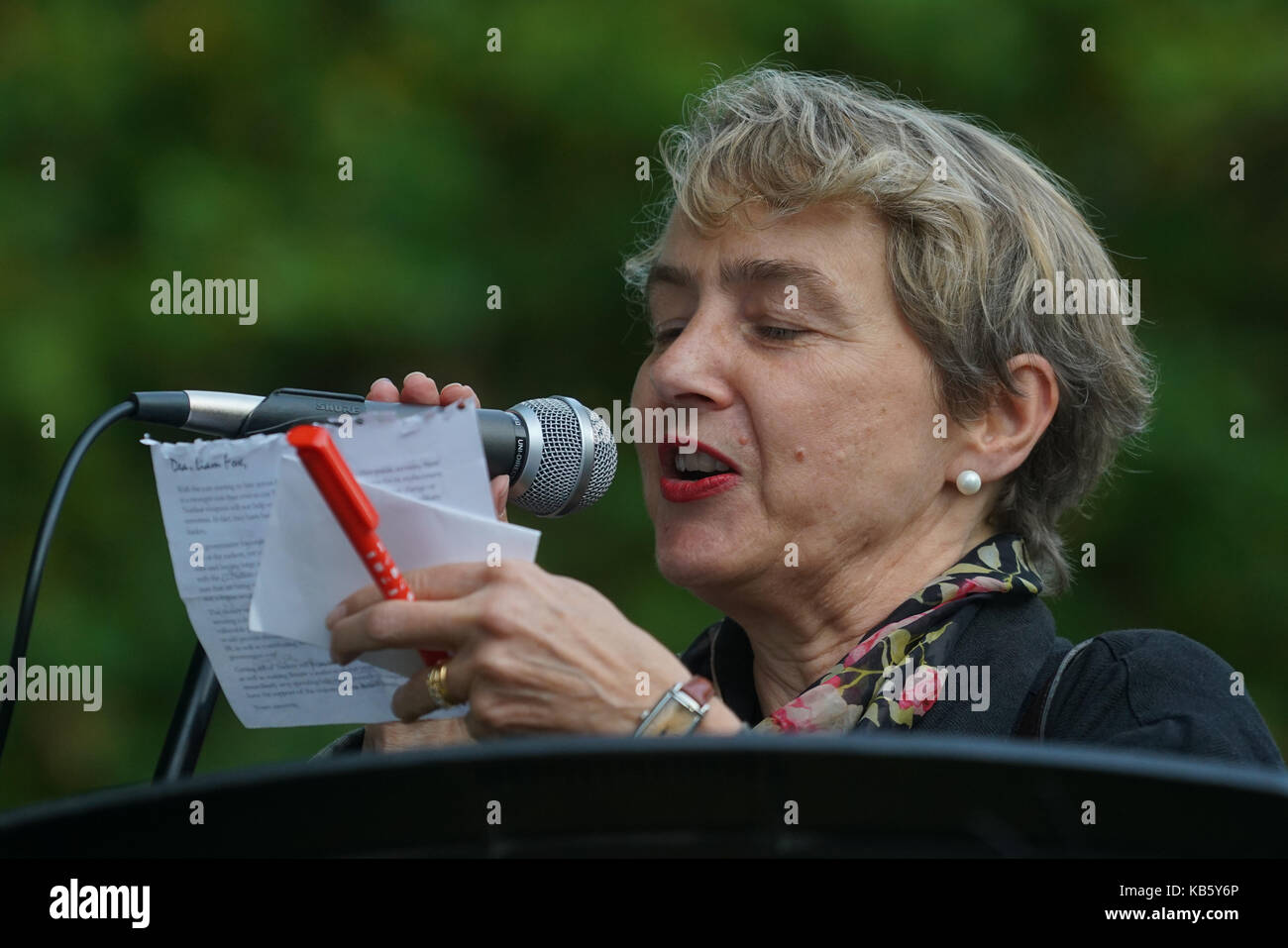 London, England, UK. 28th Sep, 2017. Kate Hudson of Campaign for Nuclear Disarmament protest and