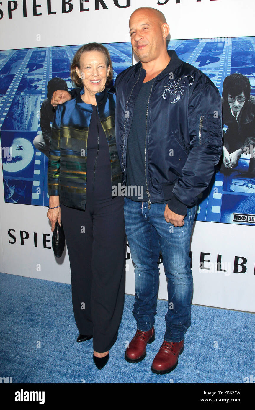 Vin Diesel and his mother Delora Vincent attend the premiere of HBO's 'Spielberg' at Paramount Studios on September 26, 2017 in Hollywood, California. Stock Photo
