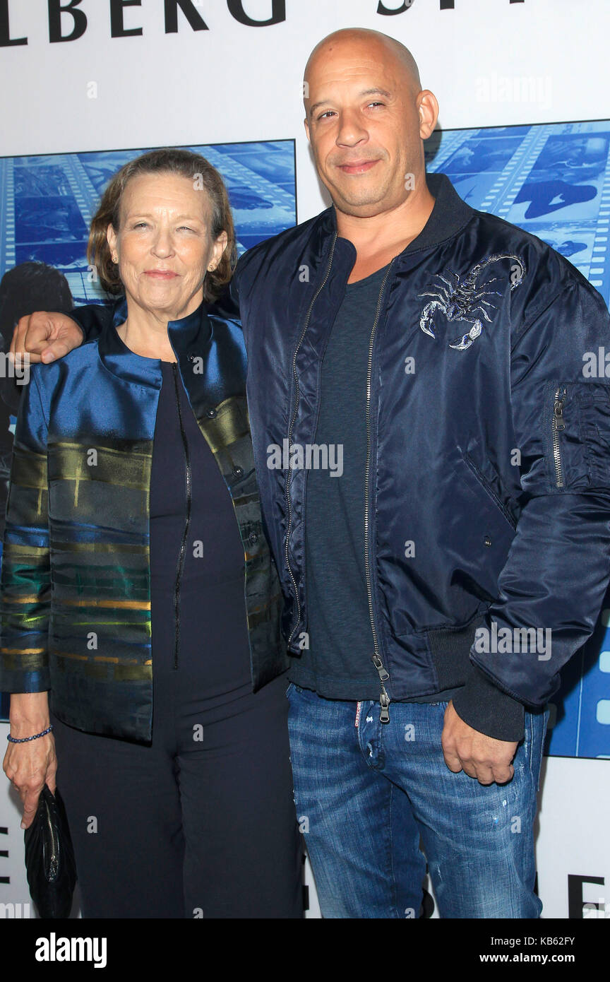 Vin Diesel and his mother Delora Vincent attend the premiere of HBO's 'Spielberg' at Paramount Studios on September 26, 2017 in Hollywood, California. Stock Photo