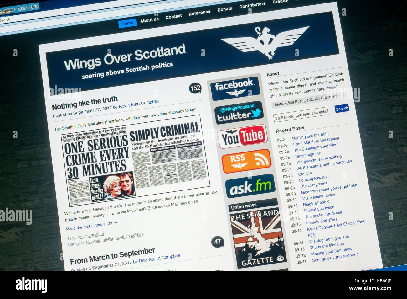 Home page of the pro-independence Scottish political alternative news website Wings Over Scotland. Stock Photo