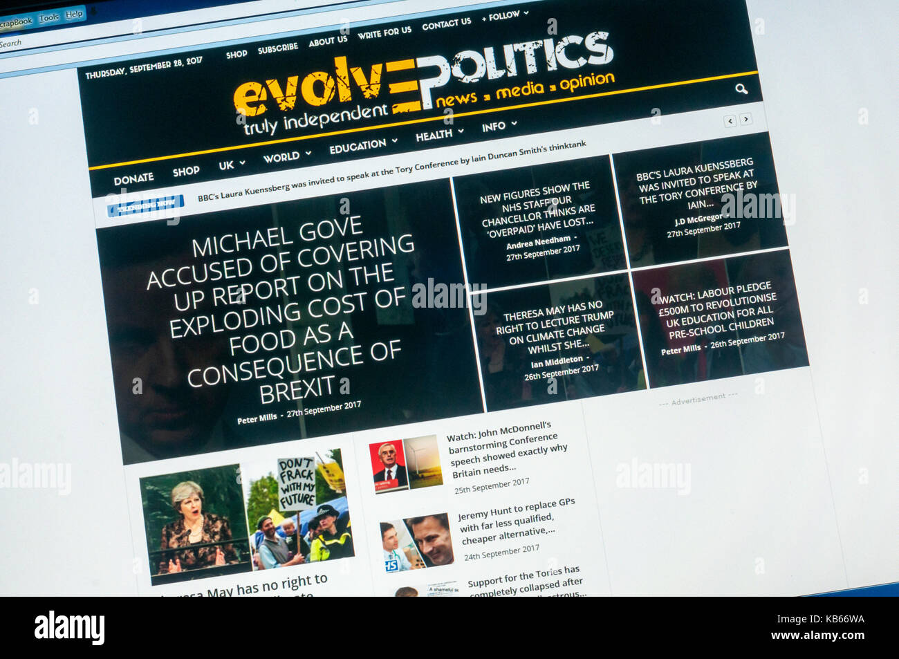 Home page of the British political alternative news website Evolve Politics. Stock Photo