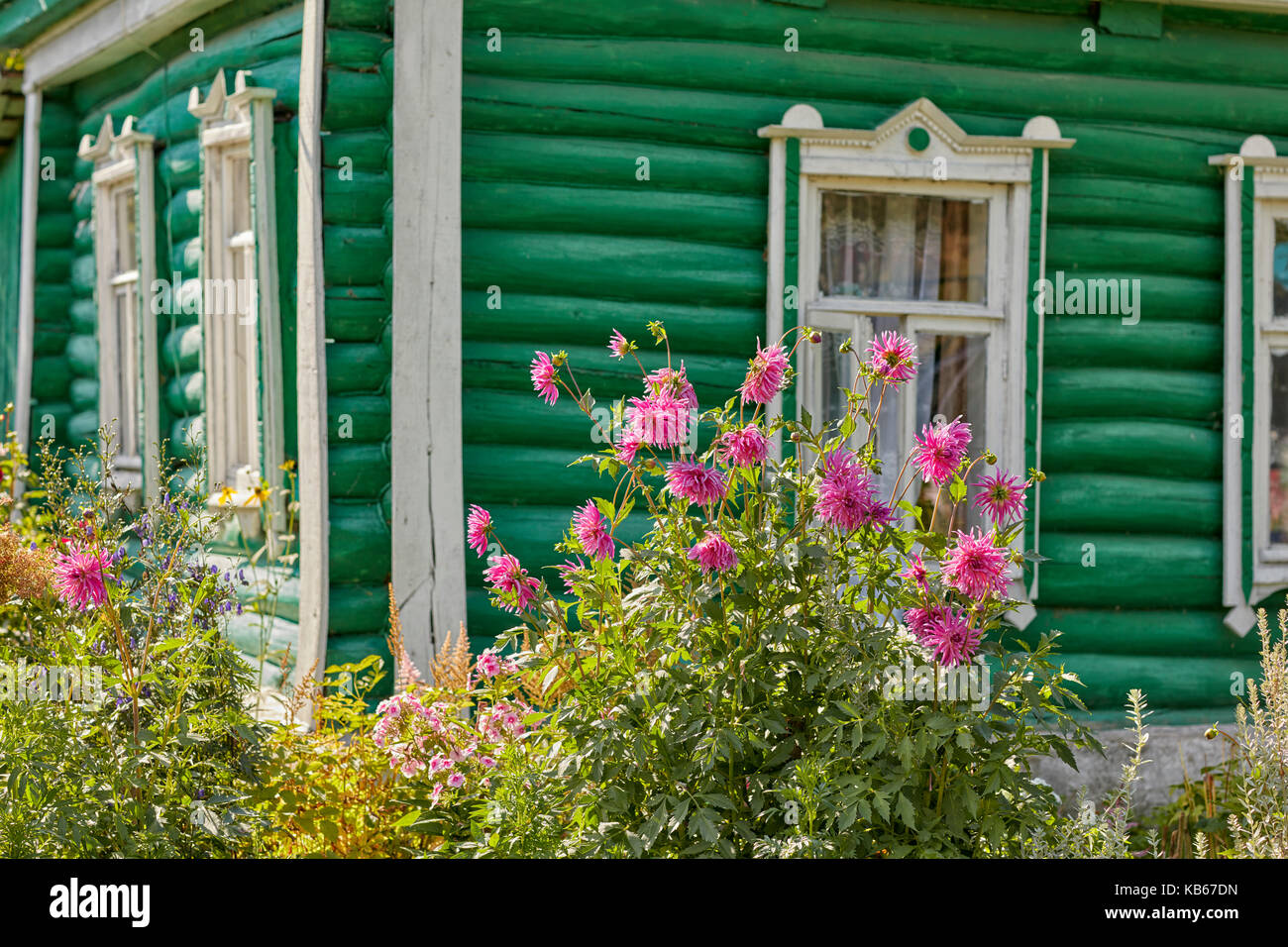 Wooden country log house with flowers in allotment garden. Kaluga Region, Central Russia. Stock Photo