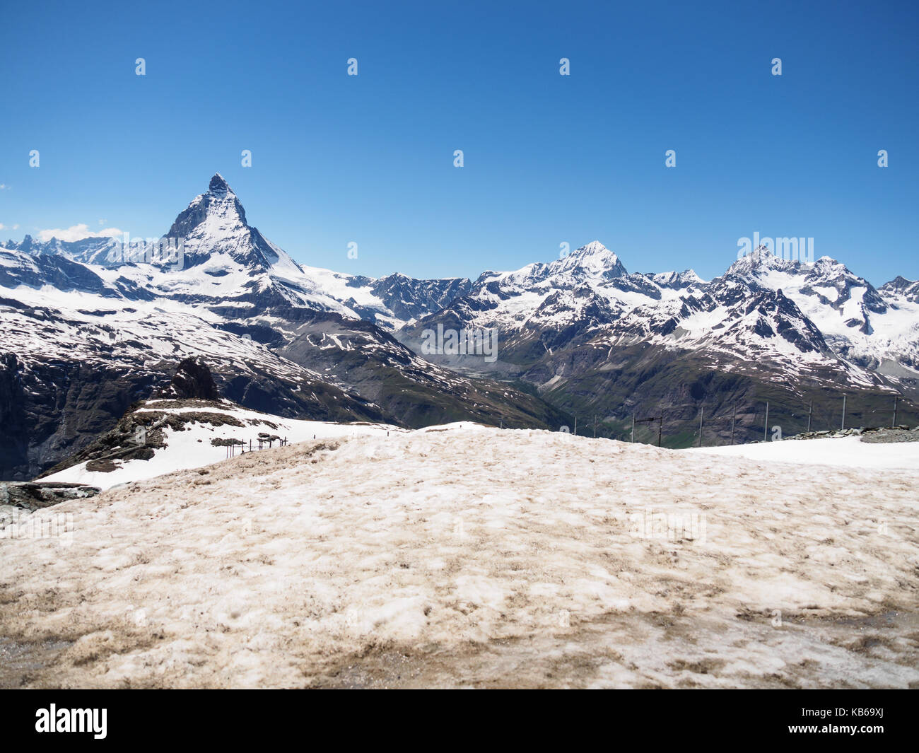 Matterhorn peak in sunny day view from gornergrat train station, Zermatt, Switzerland. Stock Photo
