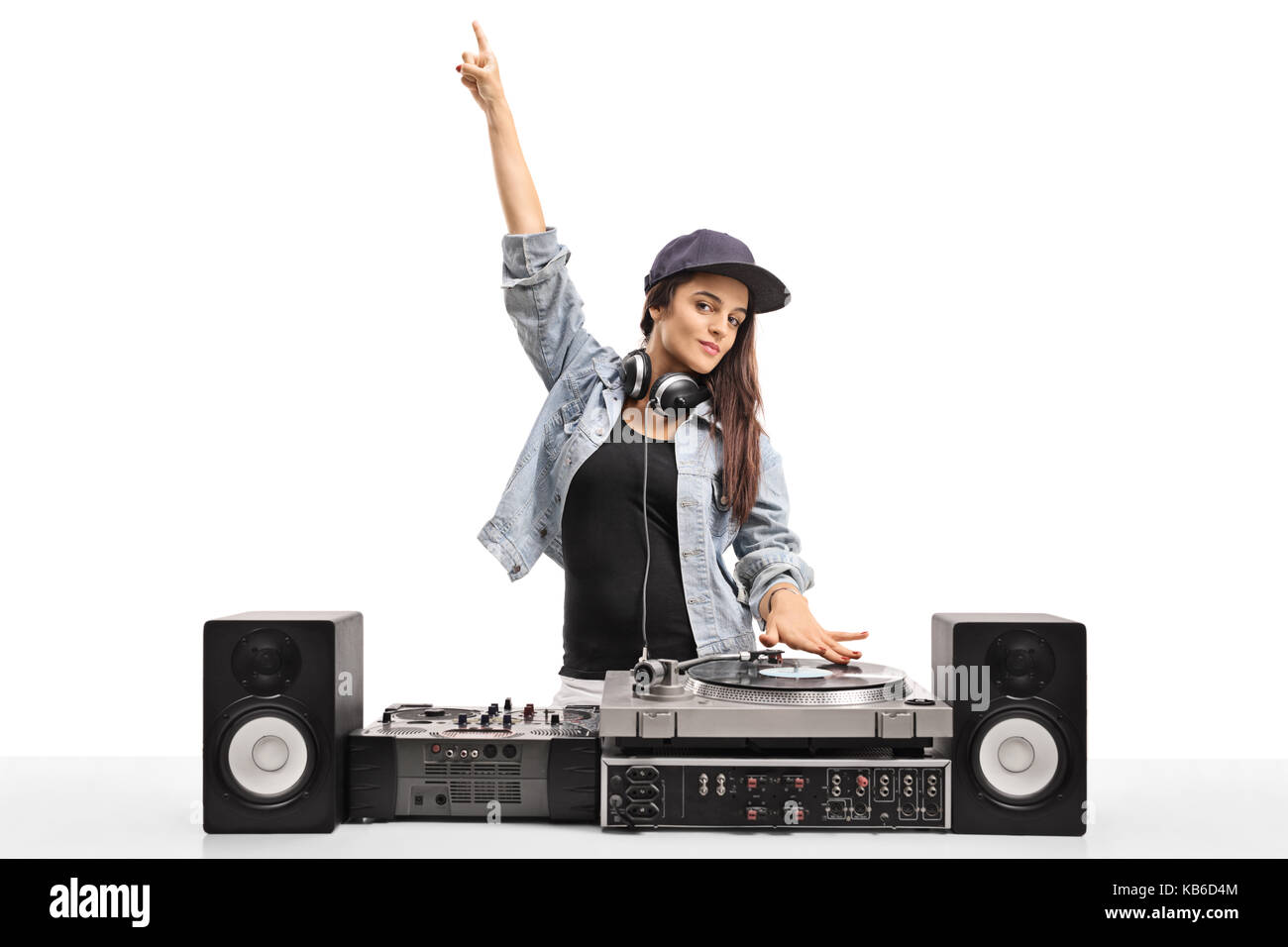 Female DJ playing music on a turntable isolated on white background Stock  Photo - Alamy