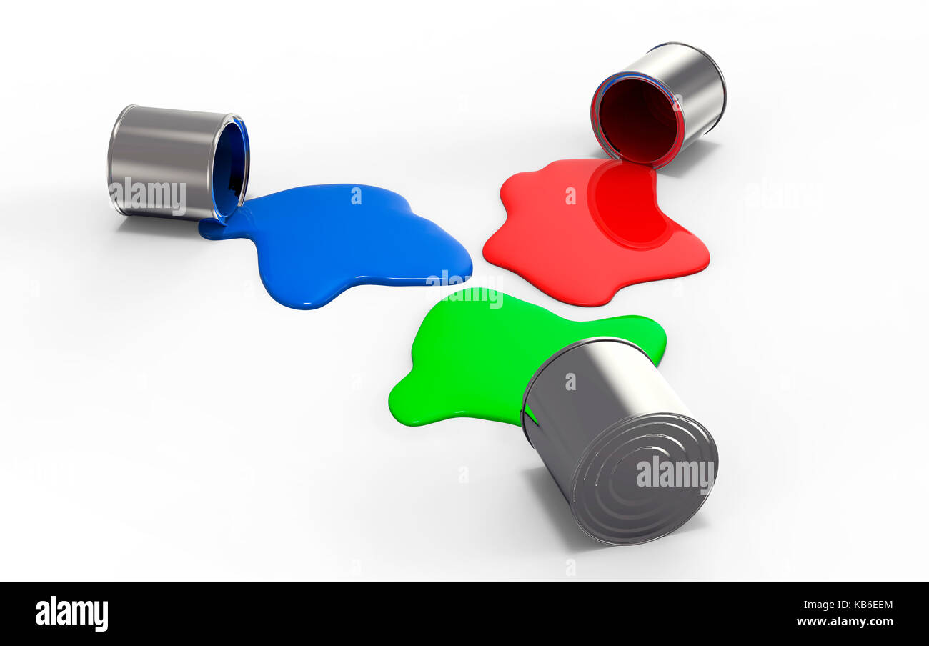 three metal buckets spilling color paint on the ground, 3d illustration