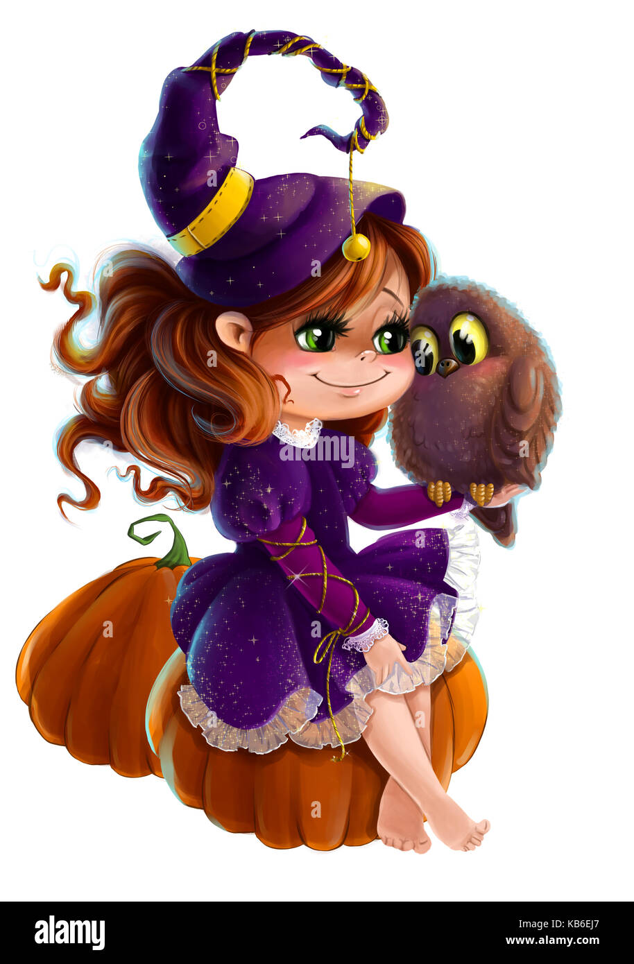 Illustration of a Halloween Witch with her owl Stock Photo