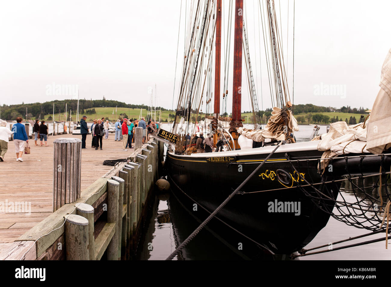 The Bluenose II arrives to its home port of Lunenburg, Nova Scotia on August 30, 2017. Built by Smith and Rhuland it was built to match the original. Stock Photo